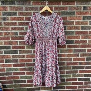 Max Studio Red and White Floral Midi Dress with V-Neck